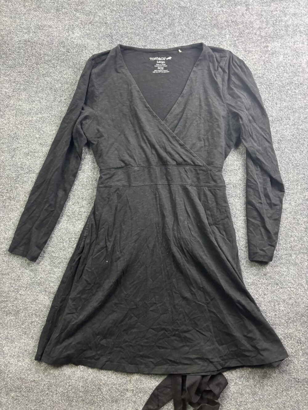 Toad&Co Dress Womens Large Black Wrap V Neck Long Sleeve Knit‎ Pockets Tie Waist